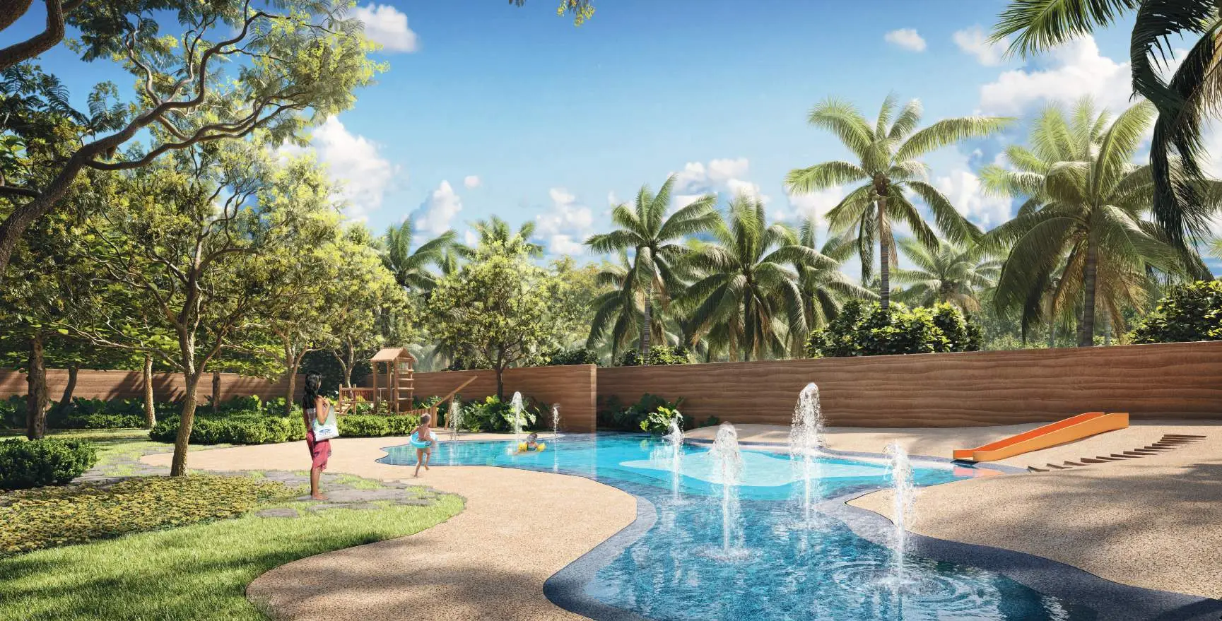 Área de lazer com piscinas e espaço infantil na Reserva Apoema