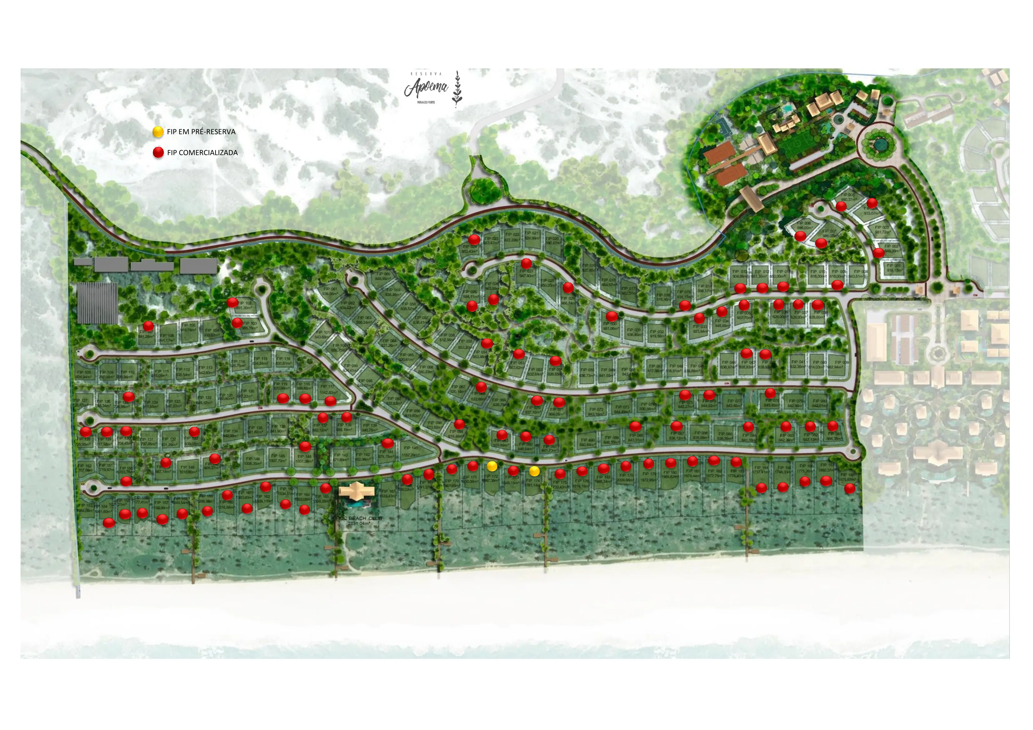 Implantação da Reserva Apoema — lotes, vias e Beach Club à beira-mar, em Praia do Forte.